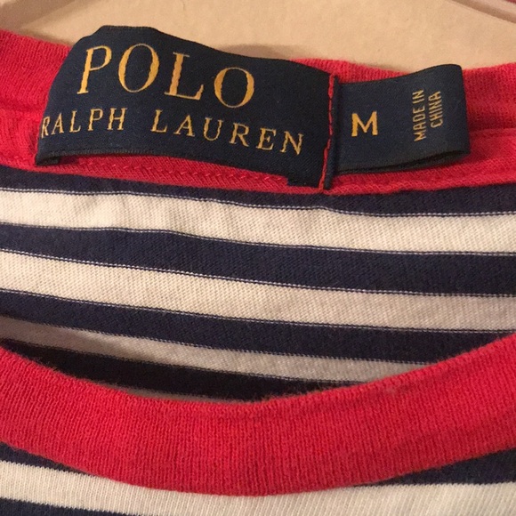 Polo Ralph Lauren Striped Women’s Tee Shirt Size Med. Navy & White w/ red trim - Picture 3 of 6